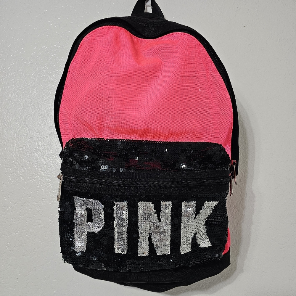 PINK Victoria’s Secret Sequin Backpack Black Pink Logo School Travel Bag